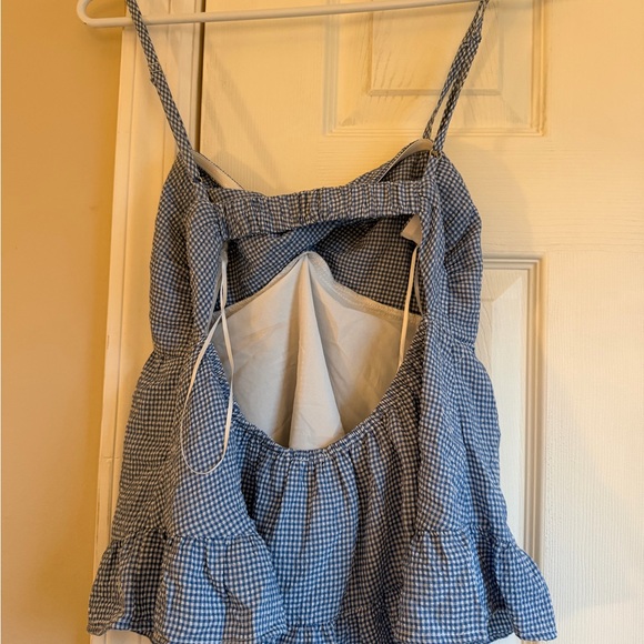 Blue Gingham Ruffle-Hem Spaghetti Strap Top - Picture 2 of 3